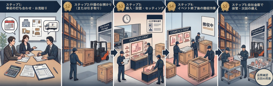 事前打ち合わせ・お見積り、什器のお預かり（または引き取り）、搬入・設置・セッティング、イベント終了後の撤収作業、自社倉庫で保管・次回の備え