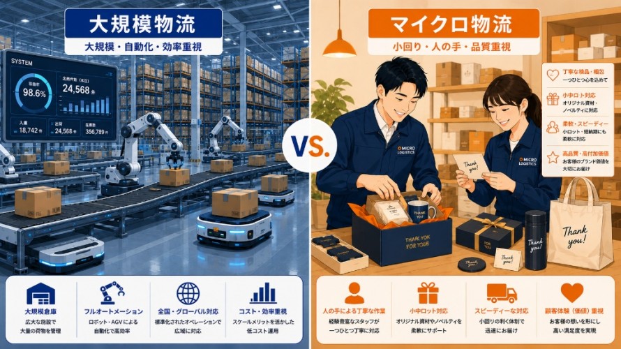 大規模物流（大規模・自動化・効率重視）と、マイクロ物流（小回り・人の手・品質重視）の強みや特徴の対比・比較図