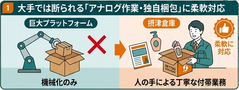 大手では断られる「アナログ作業・独自梱包」に柔軟対応