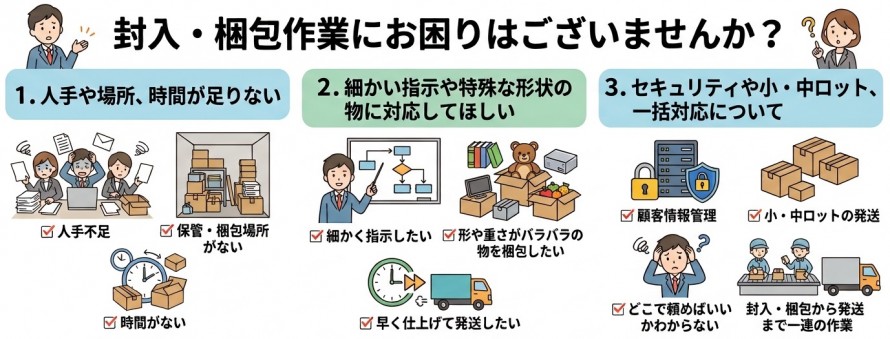 封入・梱包作業にお困りはありませんか? 封入・梱包作業にお困りはありませんか?