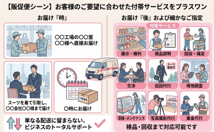 販促便シーン お届け「時」「後」に付帯させて頂いているサービスです。 販促便シーン お届け「時」「後」に付帯させて頂いているサービスです。