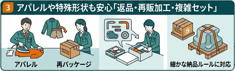 アパレルや特殊形状も安心「返品・再販加工・複雑セット」