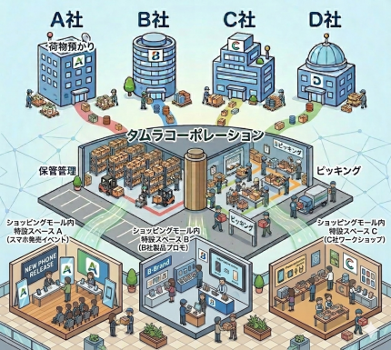 複数社からの荷物も保管管理、ピッキング・仕分けし各イベント会場へお届け